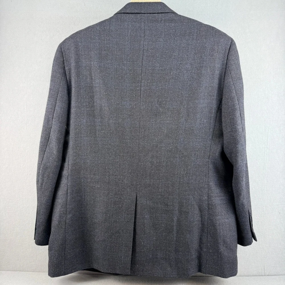 Joseph & Feiss Gold Mens 46R Blazer Jacket 100% Wool Gray Blue Plaid‎ 2-Button